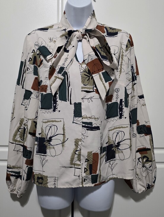 SHEIN Tops - SHEIN Womens Ivory Abstract Geometric Artsy Sketch Print Tie Neck Longsleeve Top